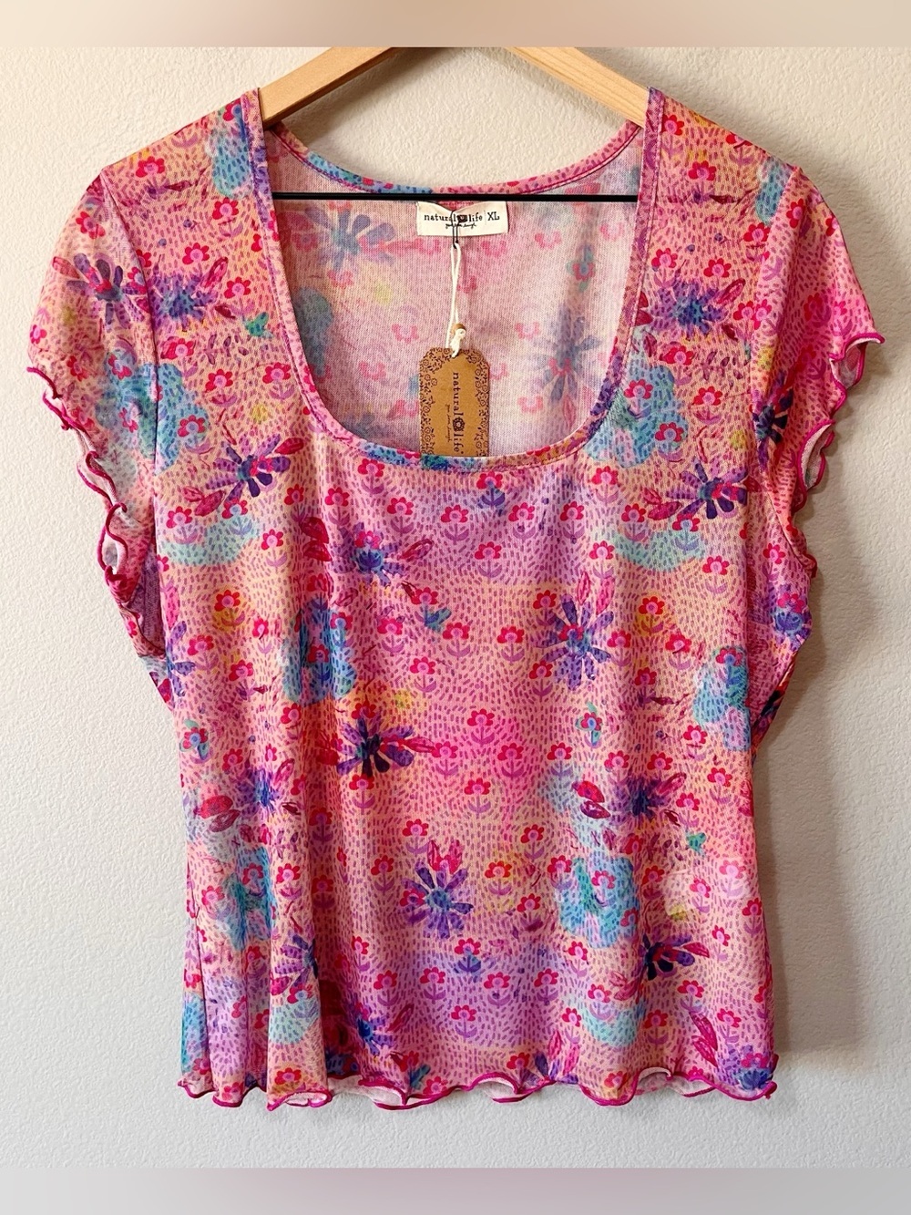 Natural Life NWT Pink Floral Mesh Short Sleeve Ruffle Tee Shirt Size XL Boho